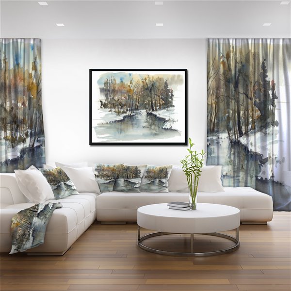 Designart 14-in x 22-in River in Woods Watercolour with Black Wood Framed Canvas Wall Panel