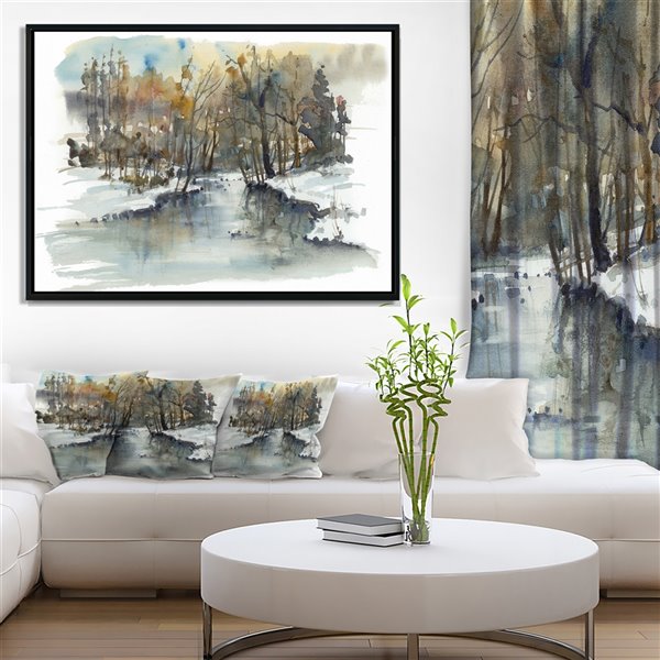 Designart 14-in x 22-in River in Woods Watercolour with Black Wood Framed Canvas Wall Panel