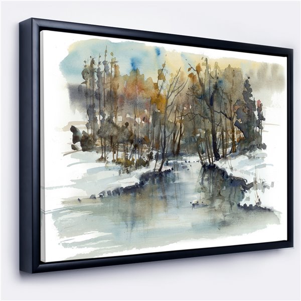 Designart 14-in x 22-in River in Woods Watercolour with Black Wood Framed Canvas Wall Panel