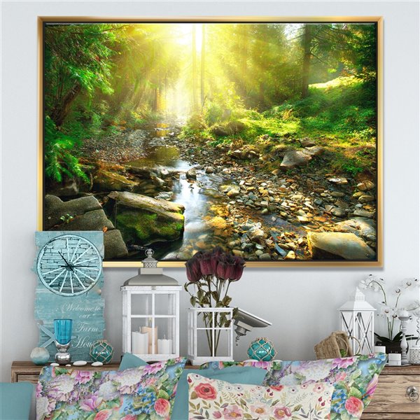 Designart 36-in x 46-in Mountain Stream in Forest Canvas Print with Gold Wood Frame