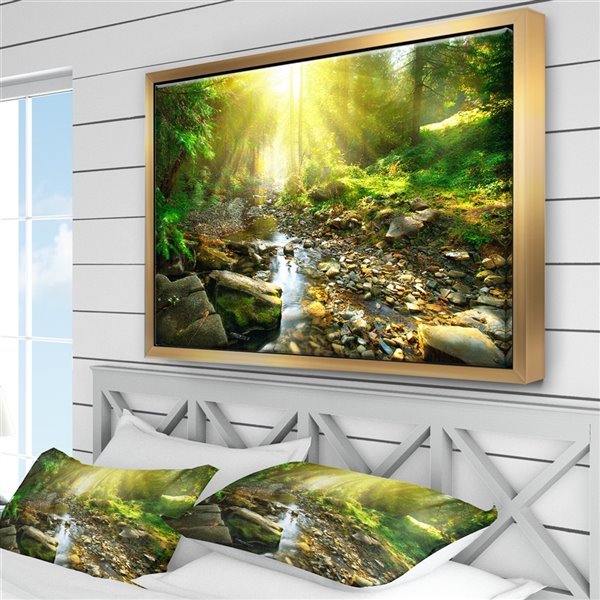 Designart 36-in x 46-in Mountain Stream in Forest Canvas Print with Gold Wood Frame