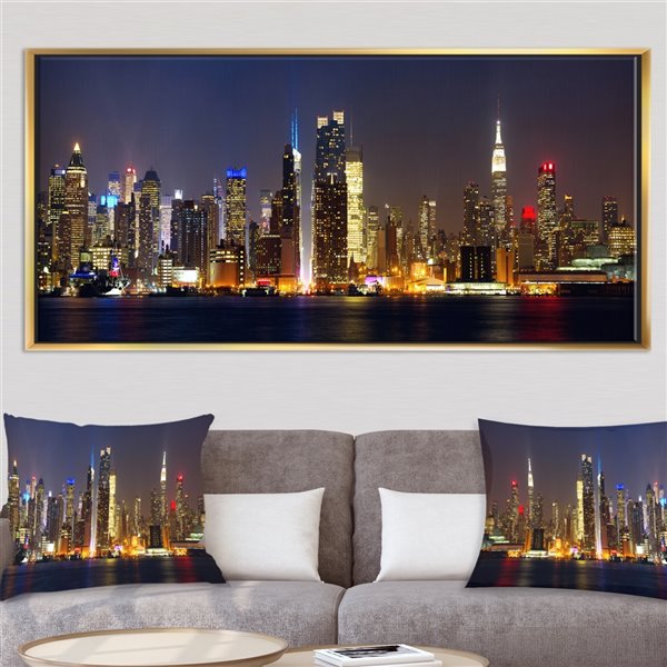 Designart 30-in x 62-in New York Skyline at Night with Gold Wood Framed ...