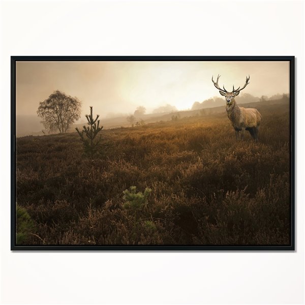 Designart 32-in x 42-in Mist Forest with Red Deer Stag Canvas Wall Panel with Black Wood Frame