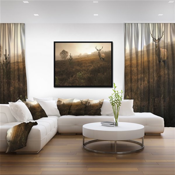 Designart 32-in x 42-in Mist Forest with Red Deer Stag Canvas Wall Panel with Black Wood Frame