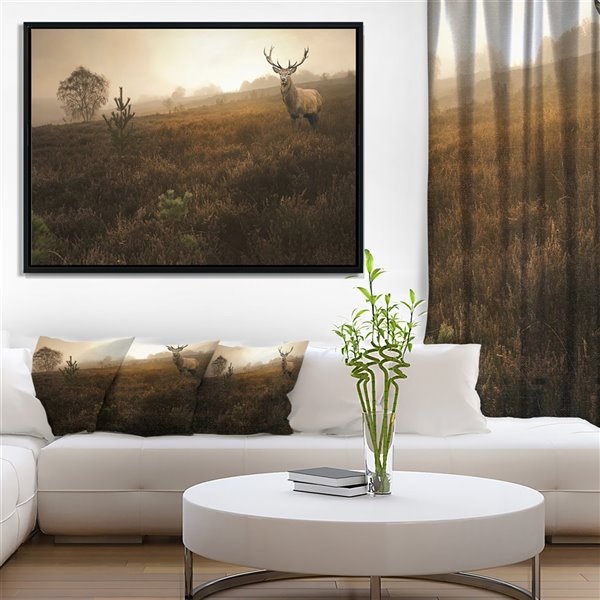 Designart 32-in x 42-in Mist Forest with Red Deer Stag Canvas Wall Panel with Black Wood Frame