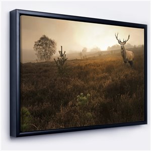 Designart 32-in x 42-in Mist Forest with Red Deer Stag Canvas Wall Panel with Black Wood Frame