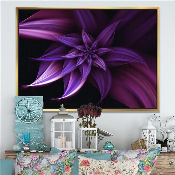 Designart 36-in x 46-in Fractal Flower Purple with Gold Wood Framed Canvas Wall Panel