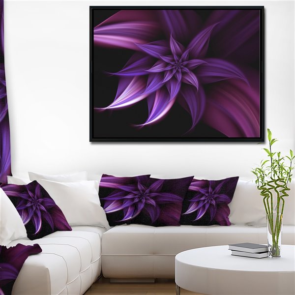 Designart 16-in x 32-in Fractal Flower Purple with Black Wood Framed Canvas Wall Panel