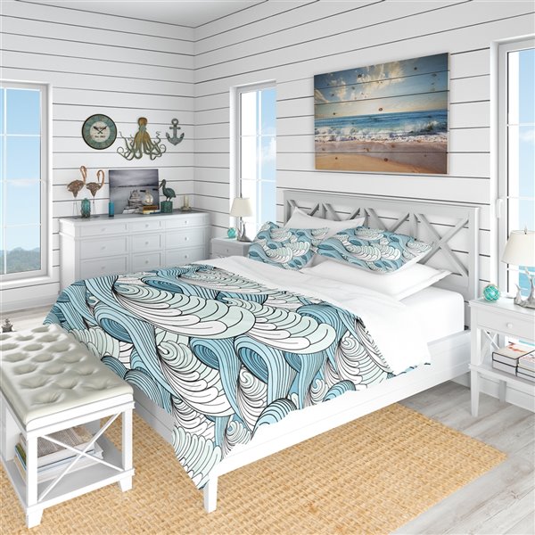 Designart 3-Piece White Coastal Pattern Queen Duvet Cover Set BED18920 ...