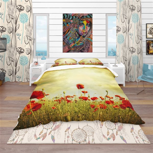 Designart 3-Piece Red Vintage Queen Duvet Cover Set