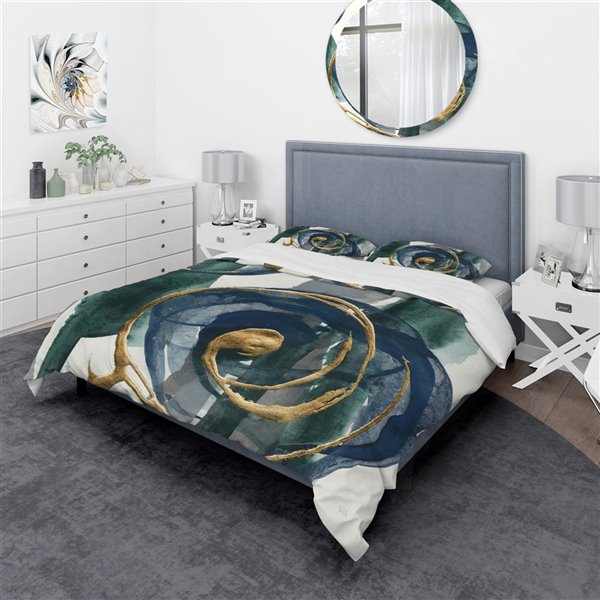 Designart 3-Piece Blue Indigo and Gold I Queen Duvet Cover Set BED30402 ...