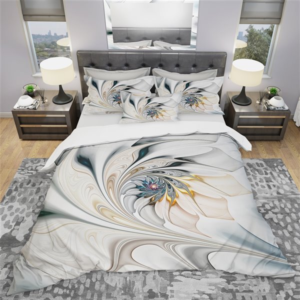 Designart 3-Piece White Stained Glass Floral Art King Duvet Cover Set