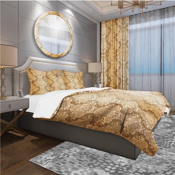 Designart 3Piece Yellow and Gold Damask pattern Queen Duvet Cover Set BED18654Q RONA