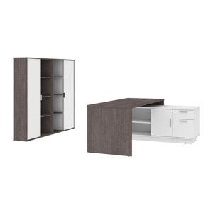 Bestar Equinox 72W L-Shaped Desk and Storage Cabinets in Bark Grey & White