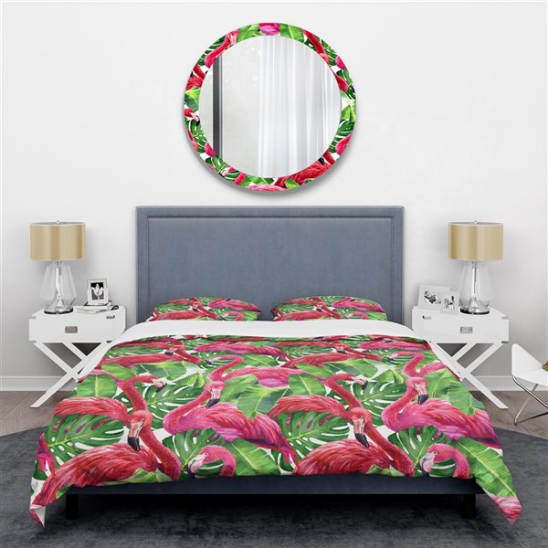 Designart 3 Piece Retro Tropical Pink, Flamingo Queen Bedding