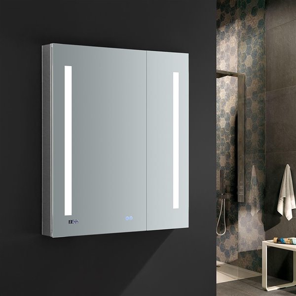 Fresca Tiempo 30-in X 36-in Lighted Led Fog Free Surface/recessed Chrome Mirrored Rectangle Medicine Cabinet Outlet Included