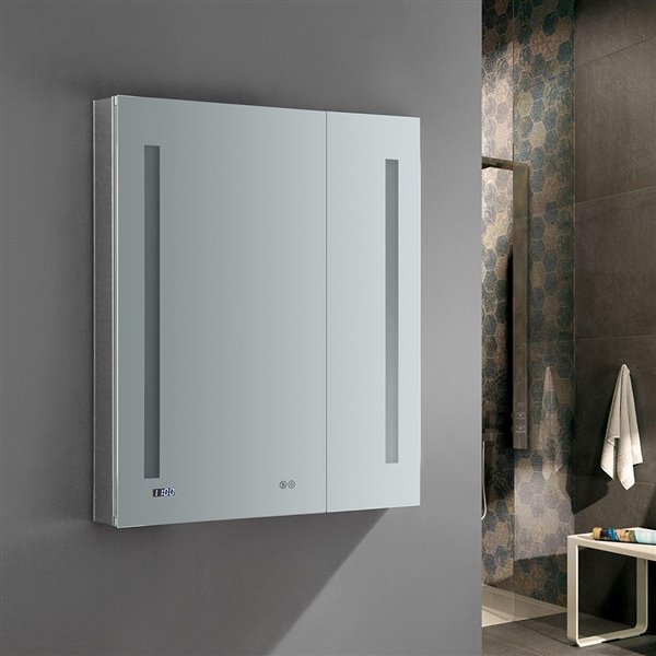 Fresca Tiempo 30-in X 36-in Lighted Led Fog Free Surface/recessed Chrome Mirrored Rectangle Medicine Cabinet Outlet Included