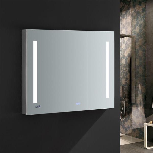 Fresca Tiempo 36-in X 30-in Lighted Led Fog Free Surface/recessed Chrome Mirrored Rectangle Medicine Cabinet Outlet Included