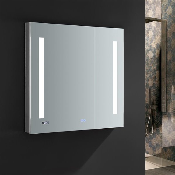 Fresca Tiempo 30-in X 30-in Lighted Led Fog Free Surface/recessed Chrome Mirrored Rectangle Medicine Cabinet Outlet Included