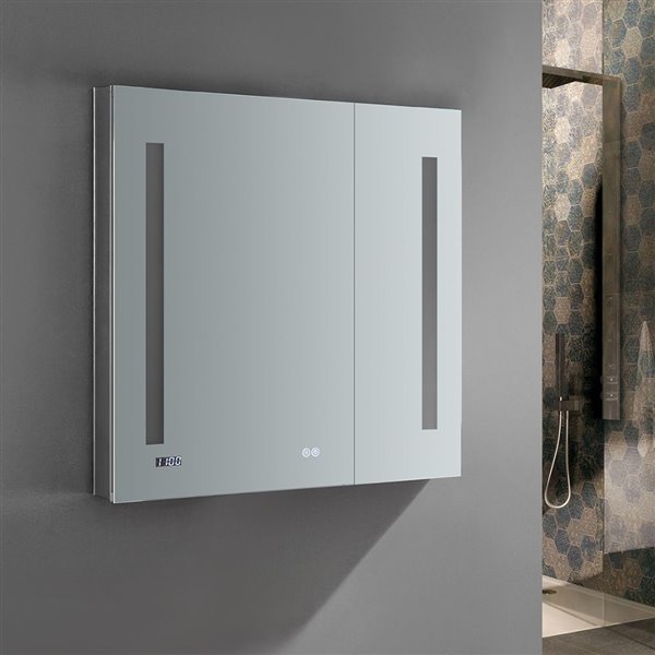 Fresca Tiempo 30-in X 30-in Lighted Led Fog Free Surface/recessed Chrome Mirrored Rectangle Medicine Cabinet Outlet Included