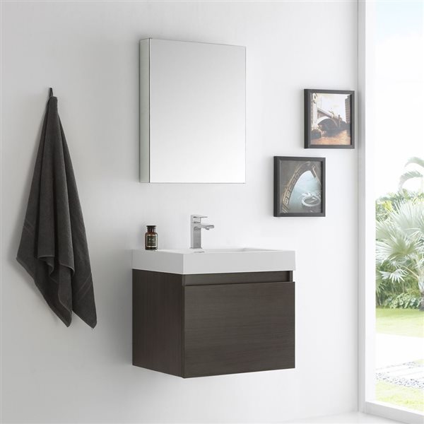 Fresca Nano 23.38-in Grey Oak Single Sink Bathroom Vanity with White Acrylic Top ( Faucet Included )