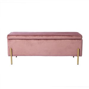 FurnitureR Tudor Modern Pink Velvet Rectangle Ottoman with Integrated Storage
