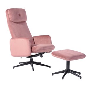 FurnitureR Kruse Modern Pink Velvet Recliner with Ottoman