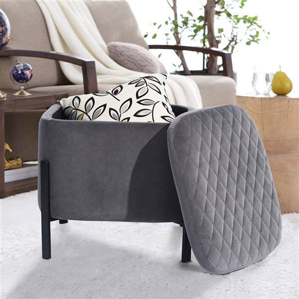 Homy Casa Bottega Modern Grey Velvet Square Ottoman with Integrated Storage
