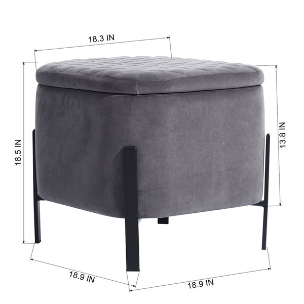 Homy Casa Bottega Modern Grey Velvet Square Ottoman with Integrated Storage