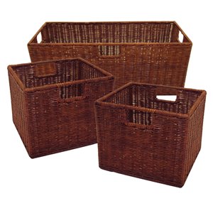 Winsome Wood 3-pack Leo Wired Walnut Rattan Basket, 1 Large and 2 Small