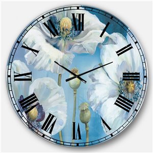 DesignArt 36-in x 36-in Handpainted White Flower On Blue II Farmhouse Analog Round Wall Clock