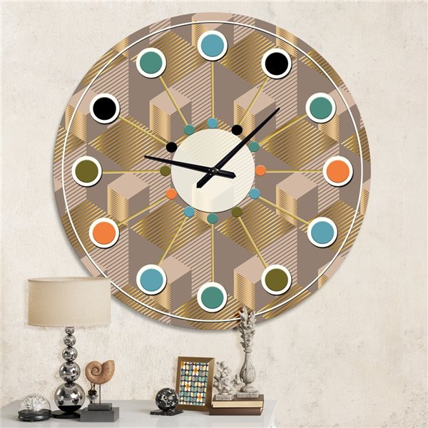 Designart 36-in x 36-in Retro Square Design V Mid-Century Analog Round Wall Clock