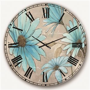 Designart 36-in x 36-in Handpainted Indigo Leucanthemum Cottage Flower Traditional Analog Round Wall Clock