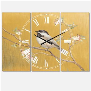 Designart Gold Bird On Blossoms VI Farmhouse Oversized Analog Rectangular Wall Standard Clock