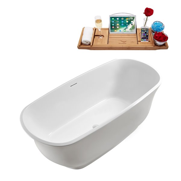 Baignoire en acrylique blanc lustré Streamline de 28 po x 59 po avec drain centré blanc lustré et plateau