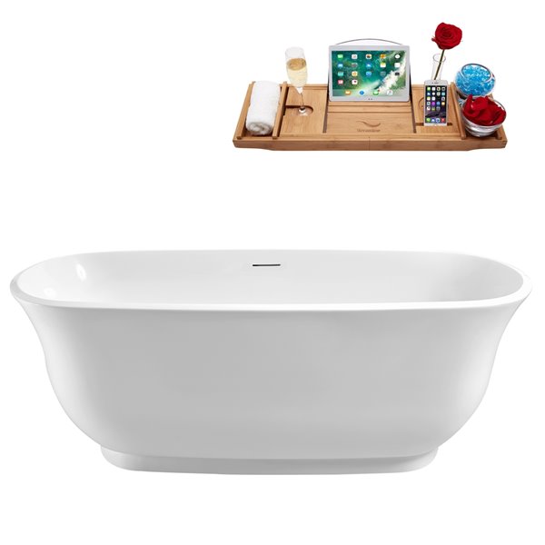 Baignoire en acrylique blanc lustré Streamline de 28 po x 59 po avec drain centré blanc lustré et plateau