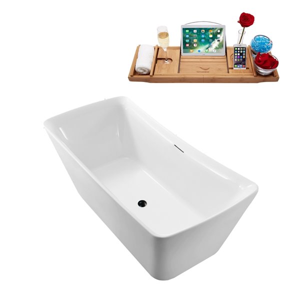 Baignoire en acrylique blanc lustré Streamline de 30 po x 62 po avec drain centré noir mat et plateau