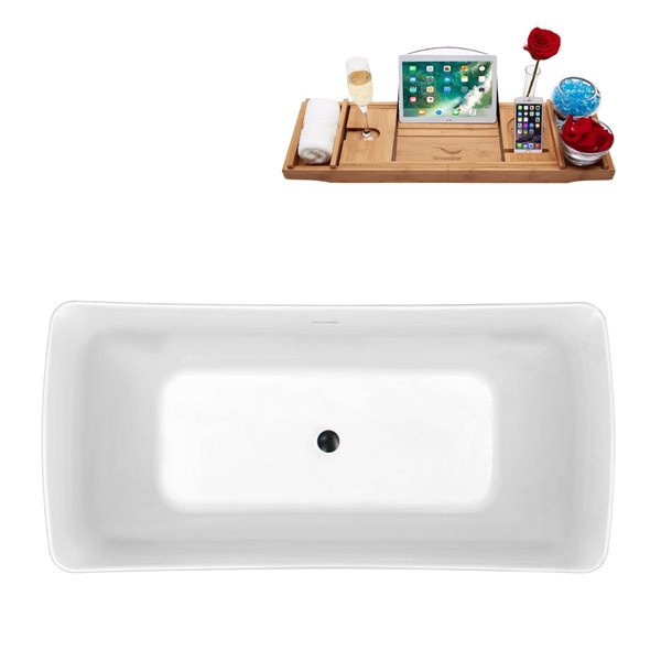 Baignoire en acrylique blanc lustré Streamline de 30 po x 62 po avec drain centré noir mat et plateau