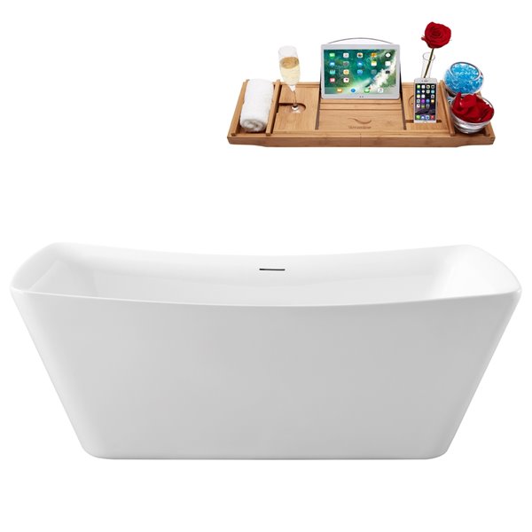 Baignoire en acrylique blanc lustré Streamline de 30 po x 62 po avec drain centré noir mat et plateau