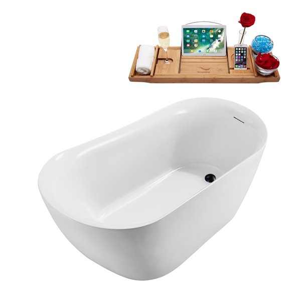 Streamline 29W x 59L Glossy White Acrylic Bathtub and a Matte Black Reversible Drain with Tray