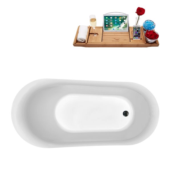 Streamline 29W x 59L Glossy White Acrylic Bathtub and a Matte Black Reversible Drain with Tray