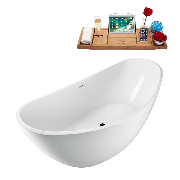 Baignoire en acrylique Streamline blanc lustré 30 x 63 po drain centré noir mat plateau inclus