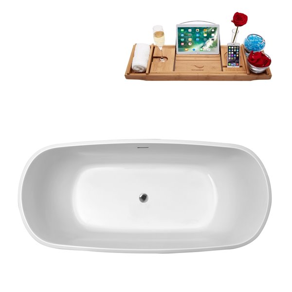 Streamline 28W x 59L Glossy White Acrylic Bathtub and a Polished Chrome Center Drain with Tray