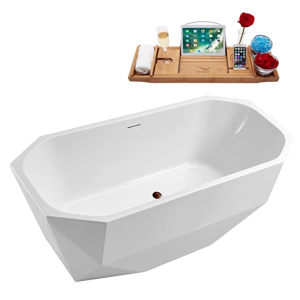 Streamline 29W x 63L Glossy White Acrylic Bathtub and a Matte Oil Rubbed Bronze Center Drain with Tray