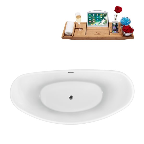 Streamline 30W x 63L Glossy White Acrylic Bathtub and a Polished Chrome Center Drain with Tray