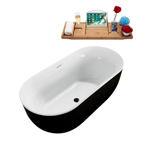 Baignoire en acrylique noir lustré Streamline de 28 po x 59 po avec drain centré noir mat et plateau