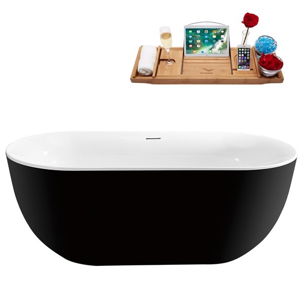 Baignoire en acrylique noir lustré Streamline de 28 po x 59 po avec drain centré noir mat et plateau