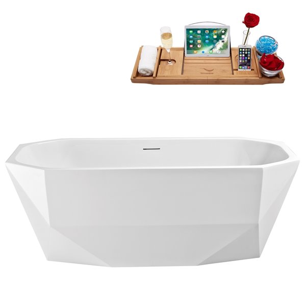Streamline 29W x 63L Glossy White Acrylic Bathtub and a Brushed Nickel Center Drain with Tray