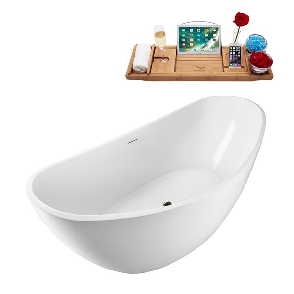 Baignoire en acrylique Streamline blanc lustré 30 x 63 po drain centré nickel brossé plateau inclus