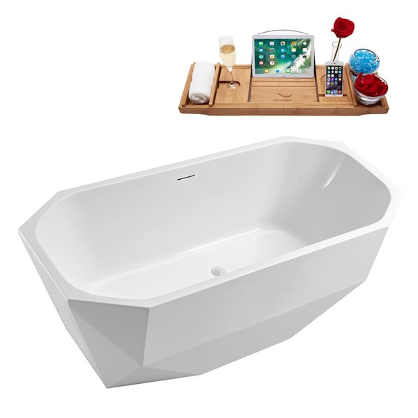 Baignoire en acrylique blanc lustré Streamline de 29 po x 63 po avec drain centré blanc lustré et plateau